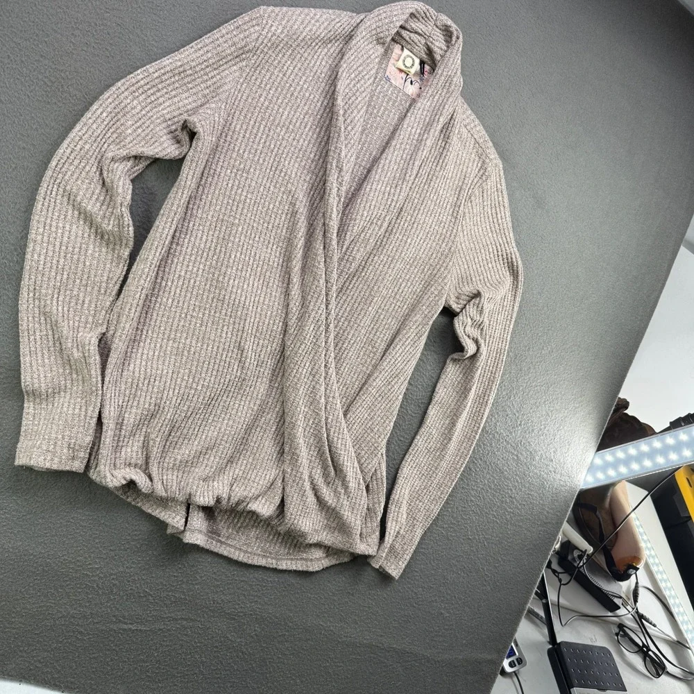 Akemi Kin Sweater Women S Anthropologie Taupe Marled Knit Surplice Wrap Cardigan